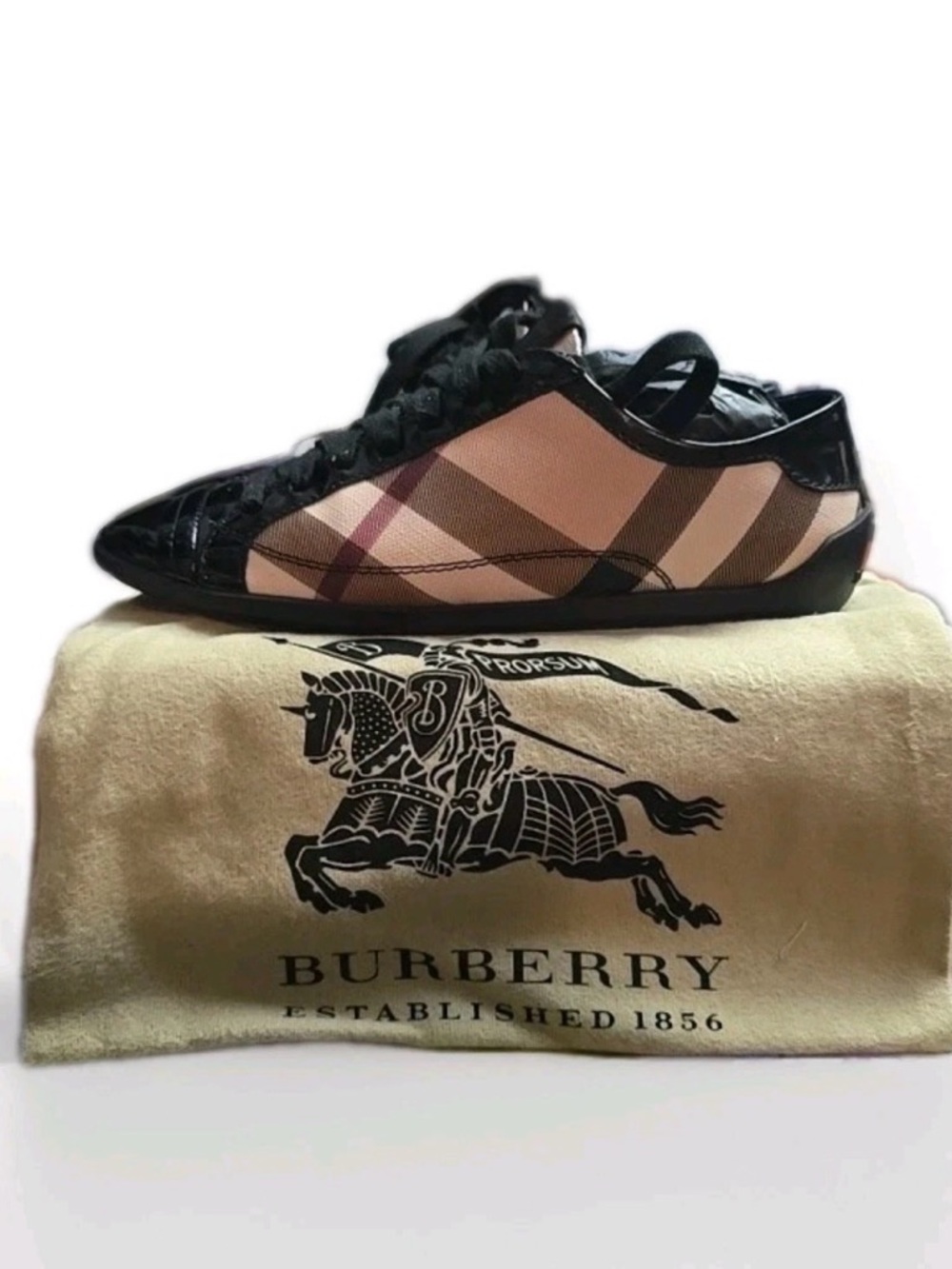 Burberry Check Low-Top Sneakers in Beige & Black Patent